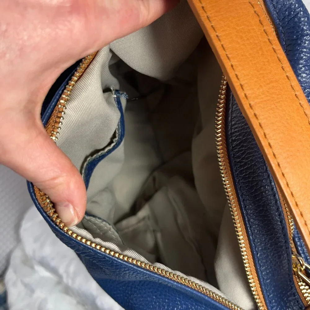 Valentina Italian leather convertible sling backpack in blue/tan pebbled leather - Picture 7 of 13
